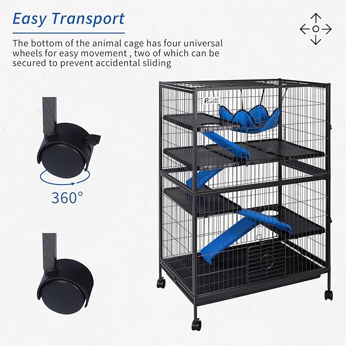 Polar Aurora Metal Small Animal Cage 5 Tiers Homes for Pets Removable Ferret Cage with Lockable Wheels, 50" H Deluxe Chinchilla Cage with Hammock and Removable Tray