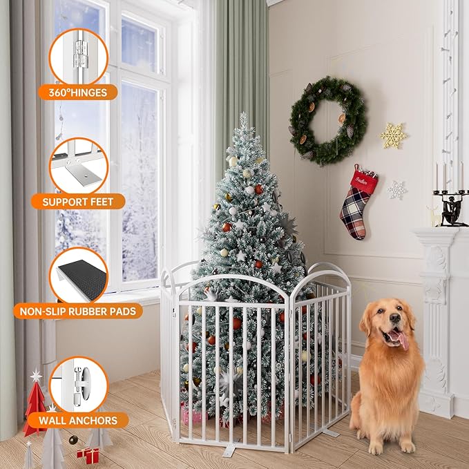 6 Panels Full Matel Freestanding Dog Gates with Door, 144"Extra Wide 32"Tall Free Standing Dog Pet Gate for Indoor & Outdoor. Foldable Pet Fences for Doorways, House, Stairs, Porch, Deck, Yard