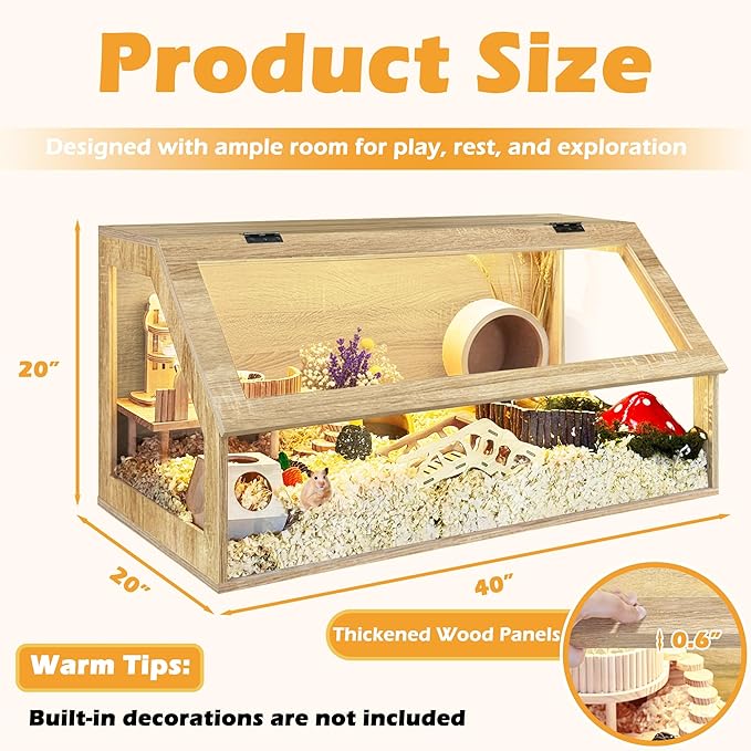 PROLEE Hamster Cage Chewproof, Sloped Mice and Rat Habitat with Clear View, Solid Built with Lockable Design and Openable Top (White Oak)