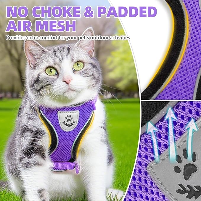 PUPTECK Cat Harness and Leash Set Escape Proof Reflective Cat Walking Harness Adjustable Soft Breathable Mesh Vest for Small Pets, Purple, L