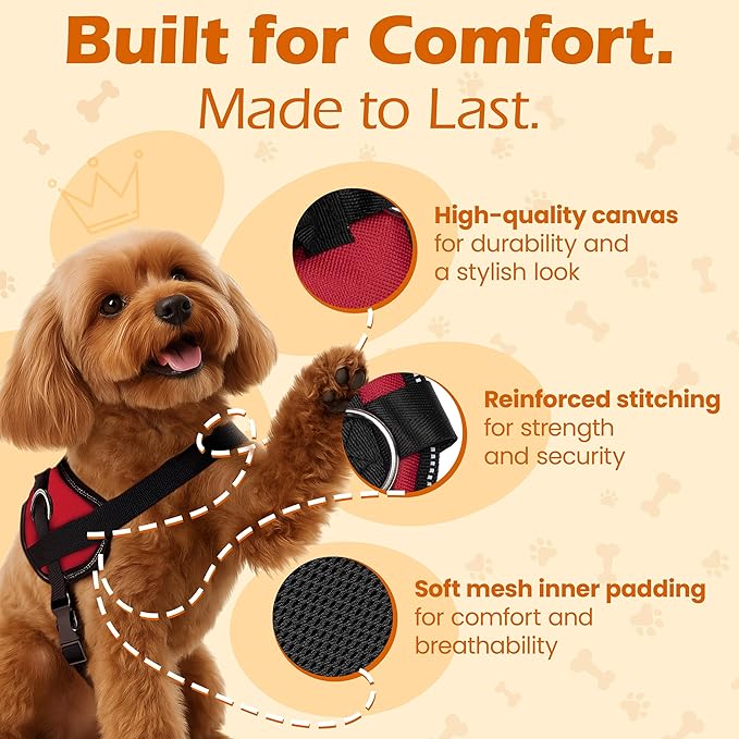 Bark Appeal Red No-Pull Dog Harness for Small to Medium Sized Pets – Adjustable, Reflective Vest with 3 Leash Clips for Added Control, Easy Walks & Training – Medium