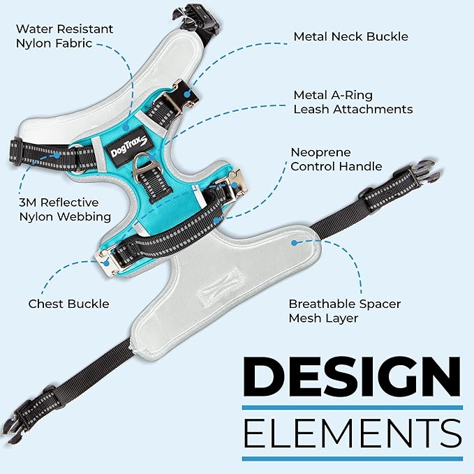 Step in Dog Harness for Extra Large Dogs, Sky Blue, Adjustable, Easy On Off, No Pull Through Design, 2 Dog Leash Points, 3M Reflective Trim, Neoprene Padded Control Handle