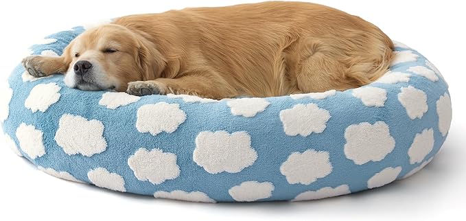 LE SURE Donut Dog Beds Extra Large Sized Dog - Round Pet Beds for Calming Puppy with Washable Cover, Orthopedic Modern Beds with Jacquard Shaggy Plush & Anti Slip Bottom, 42 Inch，Blue