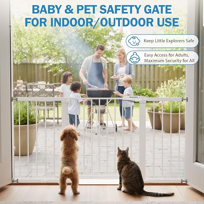 Mumeasy 29.7-57" Extra Wide Baby Gate for Doorways, Auto Close Dog Gate Indoor for Stairs, No-Drill Pressure Mounted Pet Gate with Door, Easy Walk Thru Long&Large Safety Gate for House, Outdoor, White