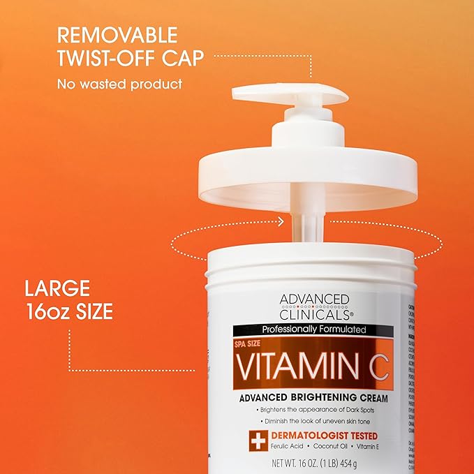 Advanced Clinicals Brightening Vitamin C Cream + 5% Niacinamide Serum W/Hyaluronic Acid 2pc Set | Vitamin C Body Lotion Moisturizer & Dark Spot Remover Face Serum | Skin Care Products, 2pc Bundle