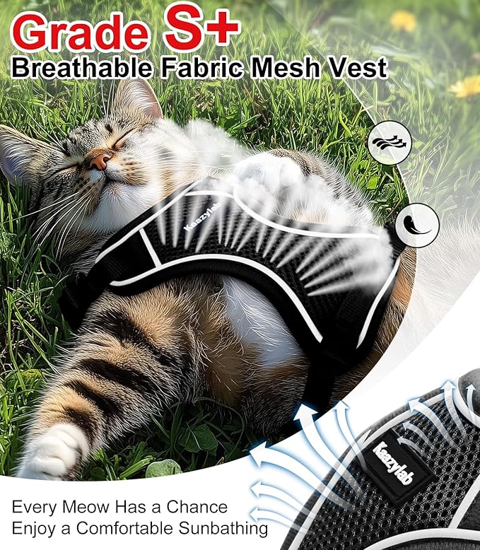 Cat Harness and Leash for Walking Escape Proof Soft Adjustable Cat Leash Breathable Comfortable Vest Easy to Wear Kitten Harness for Outdoor Travel Black S