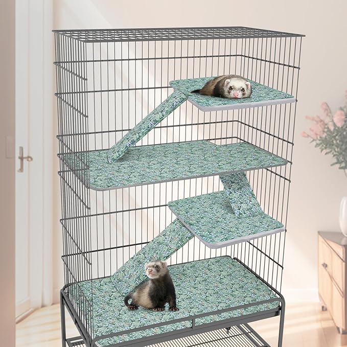 Bienbee Ferret Cage Liner Set, Waterproof Ferrets Cage Accessories for Small Animals Rats Chinchillas Hedgehogs Ferrets(Light Green,Double Unit Combo)