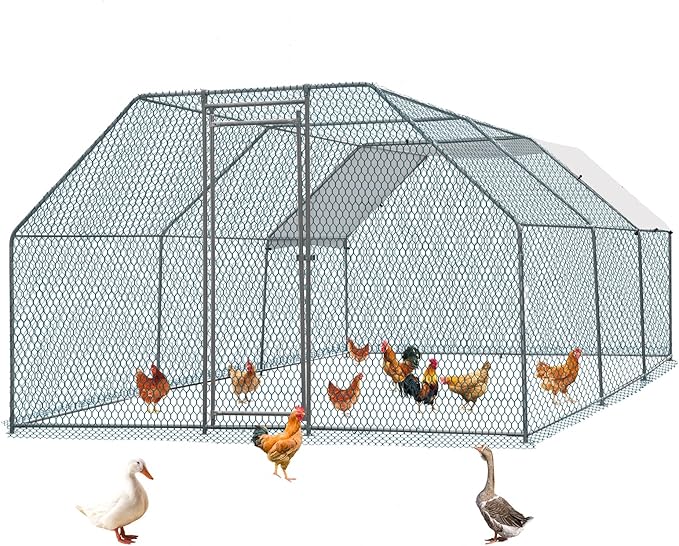 VINGLI Chicken Coop, 19.7 * 9.8 * 6.5 ft Large Metal Poultry Cage for Chicken Run, Walk-in Chicken Pen with Waterproof & Anti-UV Cover for Yard Outdoor (Silver-Flat Roof)