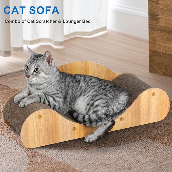 Simple Deluxe Cat Scratcher Cardboard Bed, Natural Solid Wood Scratch Lounger for Scratching&Sleeping, 23 inches Scratching Board Furniture Protector, Curved