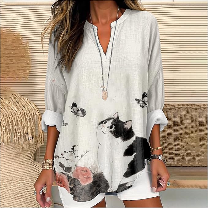 MARSVOVO Cat Shirts for Women Long Sleeve Cute Cat Pullover Graphic Novelty V Neck Blouse Oversized Funny Tunic Tops