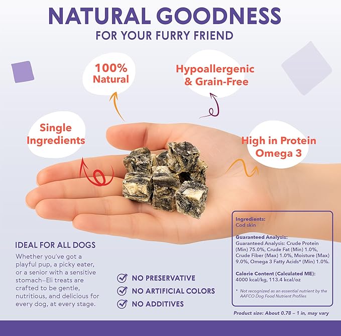 Eli Cod Skin Cubes – A Natural, Bite-Sized Fish Treat for Dogs, High in Protein and Omega-3, Ideal for Quick Rewards or Meal Toppers, Single Ingredient, Grain Free, Gluten Free, Air Dried – 3 oz