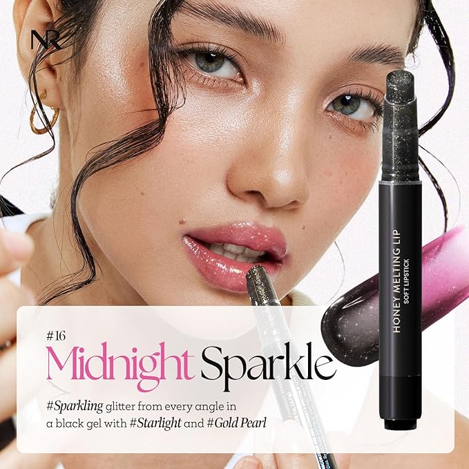Nature Republic HONEY MELTING LIP GLITTER & PLUMPING (16 MIDNIGHT SPARKLE) SOFT LIP STICK Moisturizing Gloss, Volumizing formula, Color changing Sheer tint, Shine Glimmer Finish