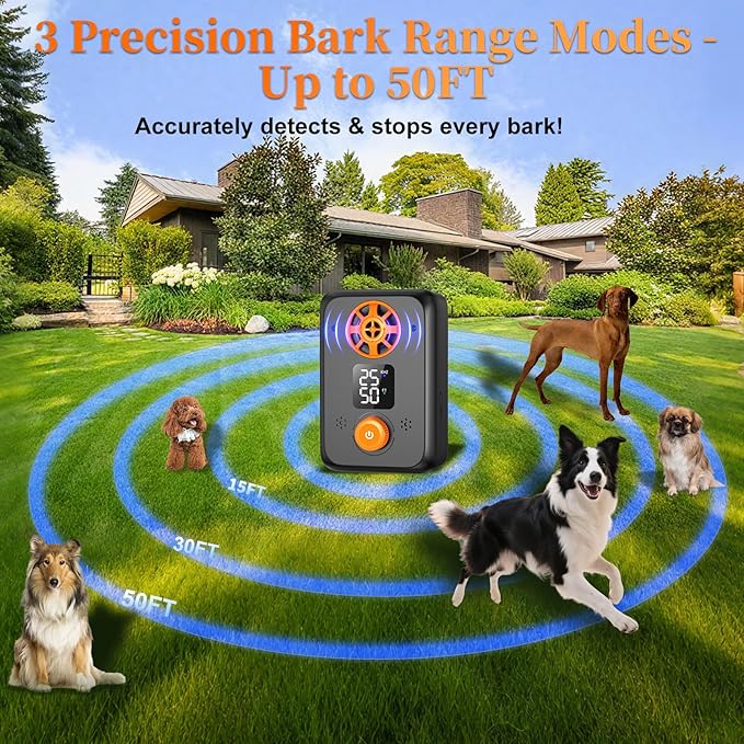 Ultrasonic Dog Bark Deterrent Devices- Anti Barking Devices with 5 Freq 3 Range Modes Auto Dog Barking Stopper Box Stop Neighbors Dogs Effective Bark Control Bark for Indoor Outdoor