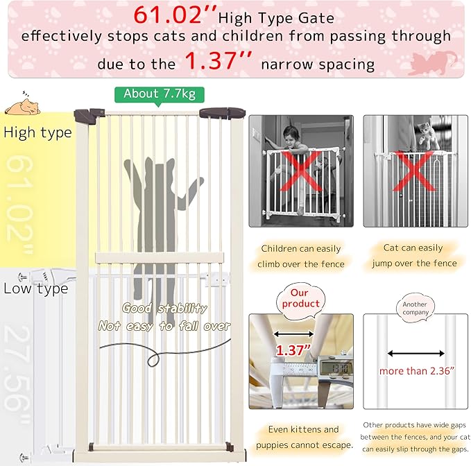 Lumizone Extra Tall Cat Gate 61.02" High Pressure Mounted Extra Wide 50.79"-55.11" (17Sizes) 1.37" Gap No Drilling Auto-Close Tall Pet Gate for Dogs (Cream, 50.79"-55.11" W)