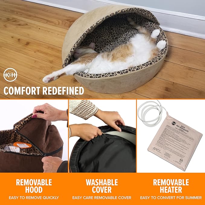 K&H Pet Products Thermo-Kitty Bed Deluxe Heated Cat Bed for Smaller Kitties - Indoor Heated Pet Bed for Dogs & Cats, Covered Cave Pet Tent, Machine Washable, Safety Listed - Small 16in Tan/Leopard