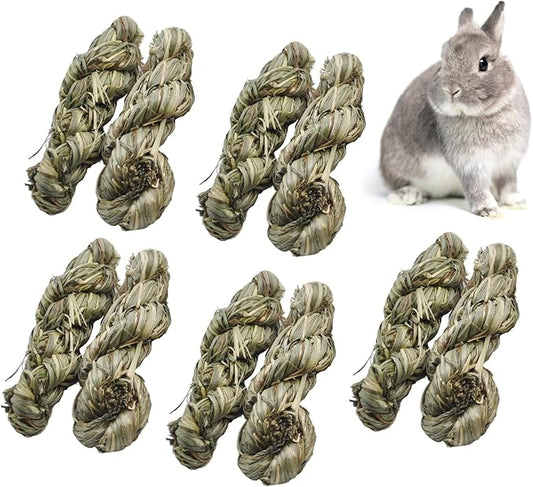10pcs Rabbit Timothy Hay Toy,Rabbit Chew Toys Bunny Treats Natural Timothy Grass Stick Natural Woven Molar Teeth Chewing Toys for Bunny Hamster Guinea Pigs Chinchilla Gerbils