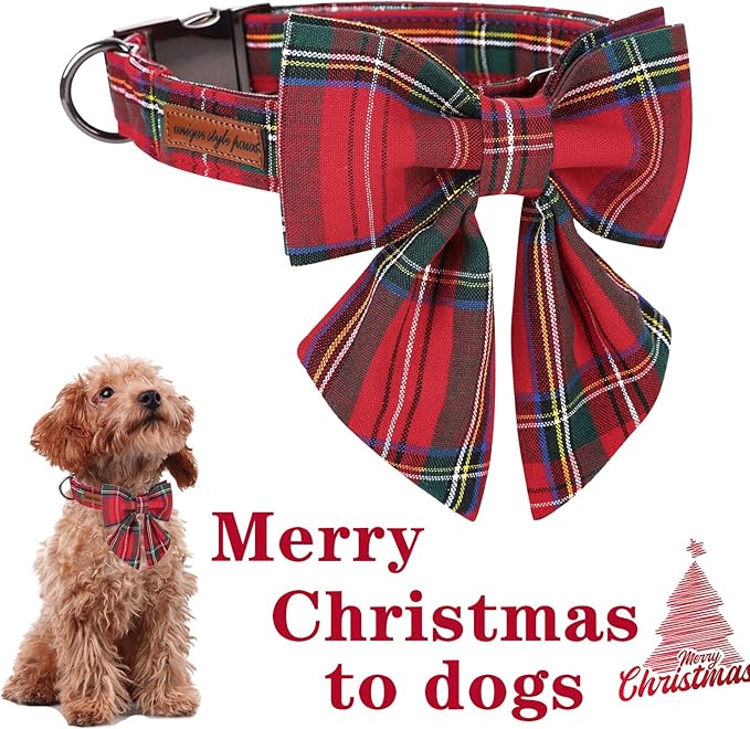 Unique style paws Christmas Dog Collar with Bow Tie Red Plaid Puppy Collar for Small Medium Large Dogs as Autumn Winter Gifts -S
