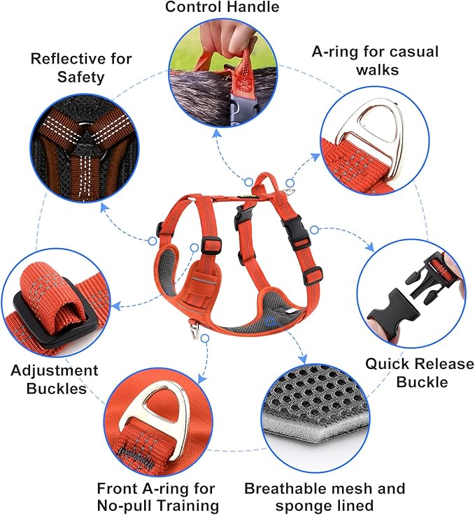 Plutus Pet No Pull Dog Harness, Reflective Adjustable Dog Vest Harness with Handle, Escape Proof, Soft Padded for Small Medium Large Dogs (Orange, M)