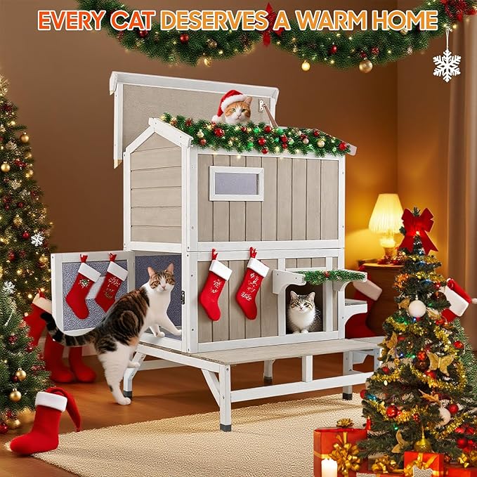 PetsCosset Insulated Cat House Outdoor Weatherproof with Balcony All-Round Insulation Outside Wooden Feral Cat Shelter for Winter with 3 Jumping Platforms and Openable Roof for Cats and Small Animals