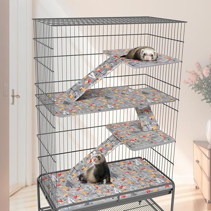 Bienbee Ferret Cage Liner Set, Waterproof Ferrets Cage Accessories for Small Animals Rats Chinchillas Hedgehogs Ferrets(Gray Mushroom, Double Unit Combo)