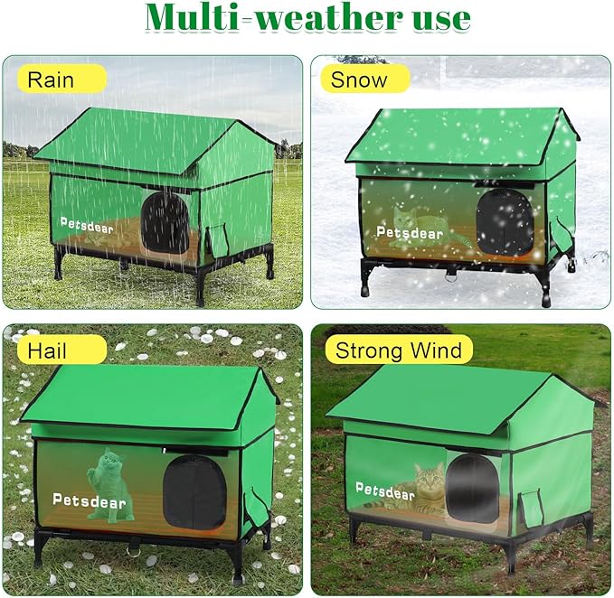 Heated Outdoor Cat House for Winter - Large, Weatherproof, Extremely Waterproof, Insulated Outside Shelter for Multiple Feral Cats (Green)