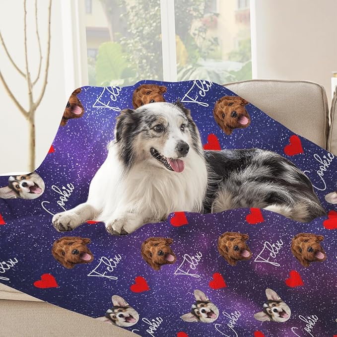 D-Story Custom Blanket with Dogs Pictures & Name Personalized Funny Dog Face Throw Blankets 1-6 Photos Customized Funny Christmas Gag Gift for Friends Dog Dad Mom Birthday Christmas