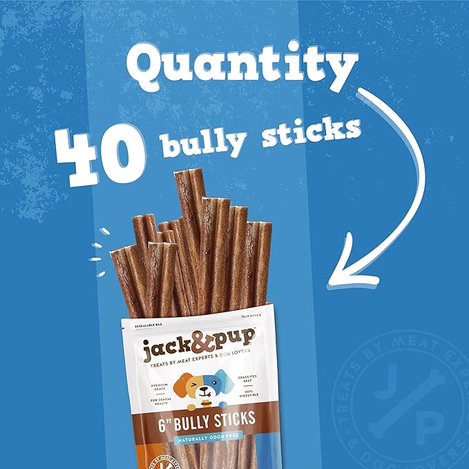 Jack&Pup 6-inch Bully Sticks for Dogs (40 Pack) Thick Pizzle Sticks | Long Lasting, Single Ingredient Chew Treat for Medium Dogs