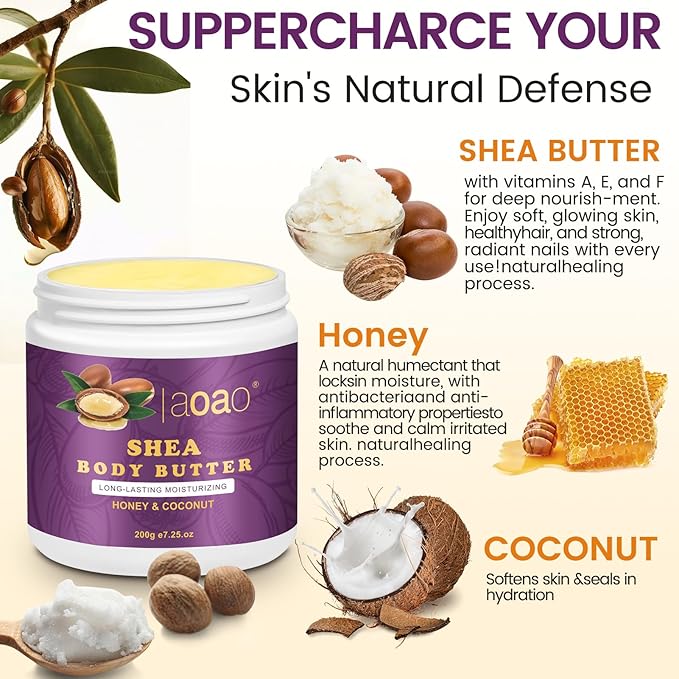 AOAO Shea Body Butter for Stretch Marks Pregnancy, Deeply Nourishing & Safe Moisturizer with Honey, Coconut & Vitamin-Rich Formula for Pregnant Women, Helps Soothe & Moisturize Stretch Marks, 7.05oz