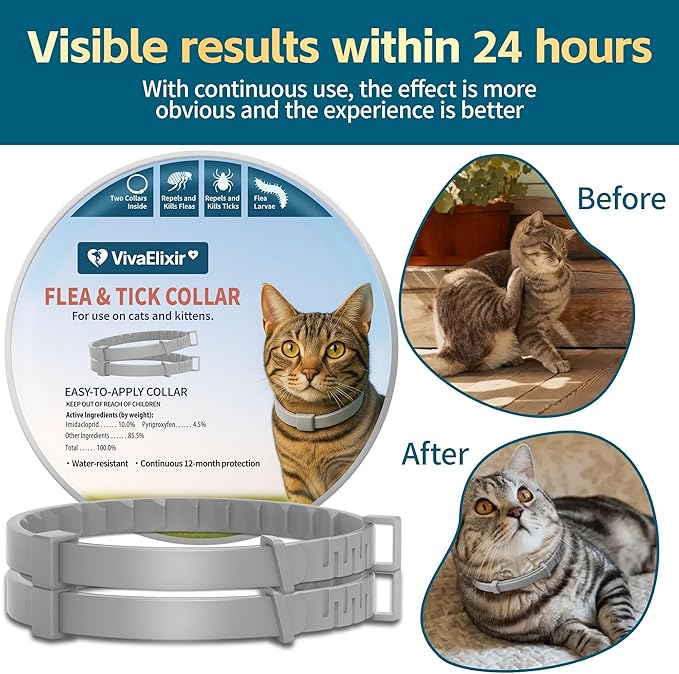 Flea and Tick Collar for Cats 2 Pack, 12 Months of Cat Flea Collar Protection 2 Collars Made with Premium Plant Based Essential Oil Waterproof and Natural Treatment Prevention Free Comb