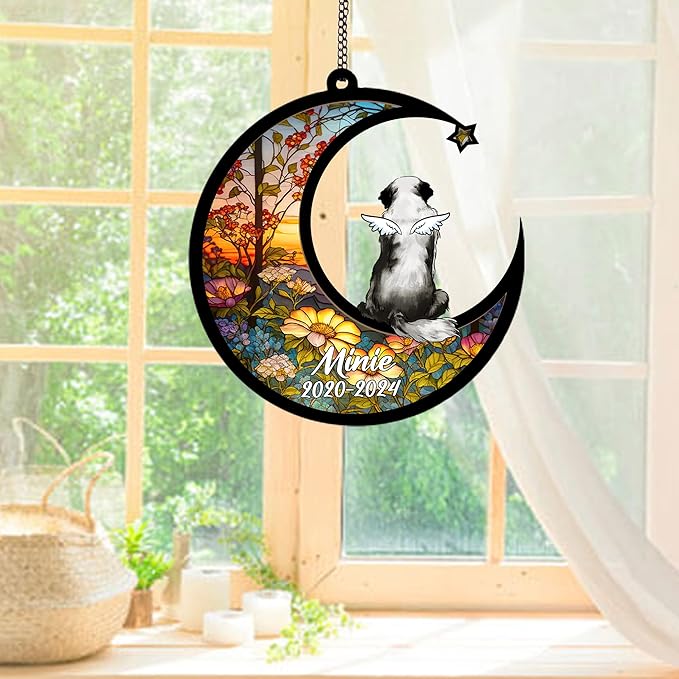 Personalized Saint Bernard (Black White) Sun Catcher, Dog Memorial Gifts, Custom Saint Bernard (Black White) with Wings Ornament Christmas Tree, Loss of Dog Sympathy Gift Memorial Suncatcher
