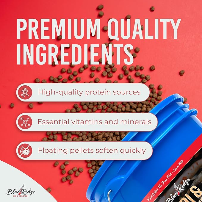 Blue Ridge Koi Fish Food 14lb - Koi Food Mini Growth Formula, Goldfish Food, Premium Fish Food for Ponds, Ponds Fish Food, Floating Pond Pellets