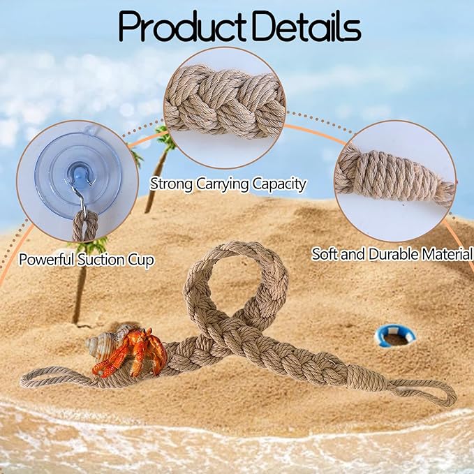 kathson Hermit Crab Climbing Toys, Hermit Crab Climbing Rope Ladder with 10 Hook Suction Cup Reptile Tank Terrarium Accessories for Lizards Snakes Geckos (6pcs Beige)