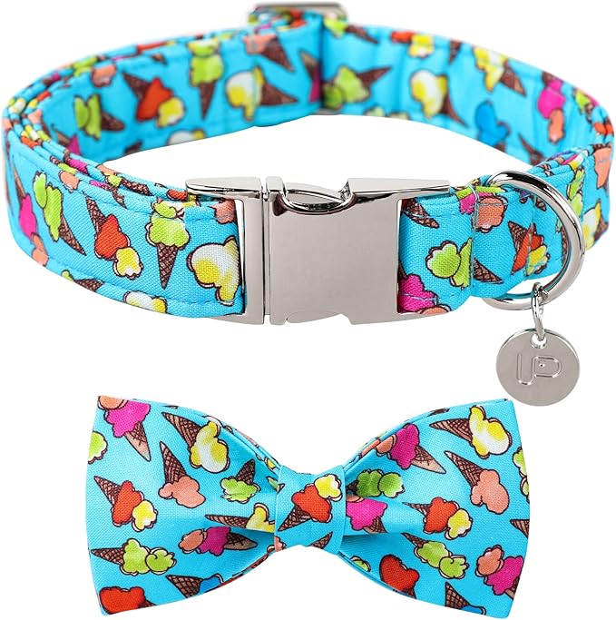 Summer Dog Collar with Bow Tie, Cotton Cute Bowtie Dog Collar, Summer Bowtie Collar for X-Large Boy Girl Dog, Comfortable Blue Dog Collar with Metal Buckle, XL