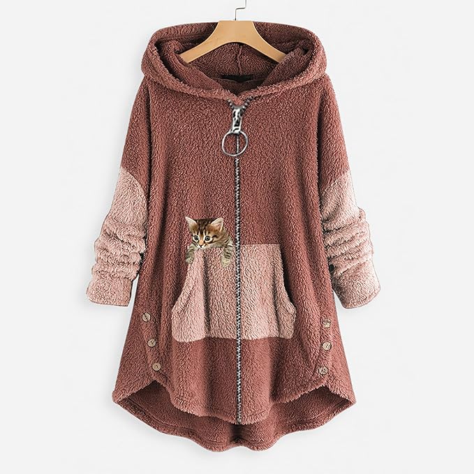 Akivide Women's Oversized Zip Up Sherpa Hoodie Fuzzy Fleece Jacket Cat Kitty Print Lightweight Faux Shearling A Line Coat