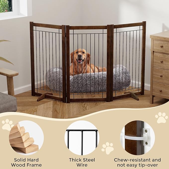 Wire Dog Gate Solid Wood Frame, Anti-Chewing, 3-Panel, 36" Height, 60" Width, Indoor Freestanding Pet Gate Foldable Wooden Dog Fences for Stairs, House, Doorway, Walnut Color
