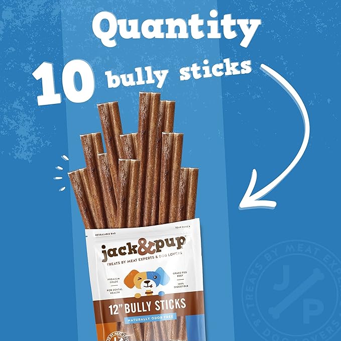 Jack&Pup 12 Inch Thick Bully Sticks for Large Dogs (10 Pack) Bully Sticks for Medium Dogs, Single Ingredient Dog Chew Sticks