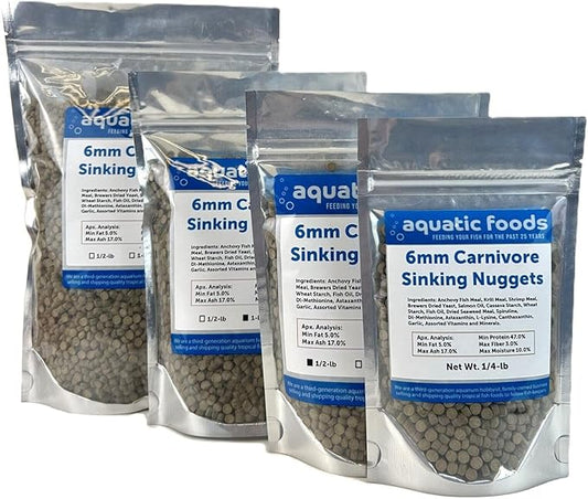 Aquatic Foods Inc. 6mm - 1/4" Carnivore Sinking Pellets for Cichlids, Catfish, Monster Fish, Bottom Fish & Koi - 1/4-lb Foil Pouch Bag