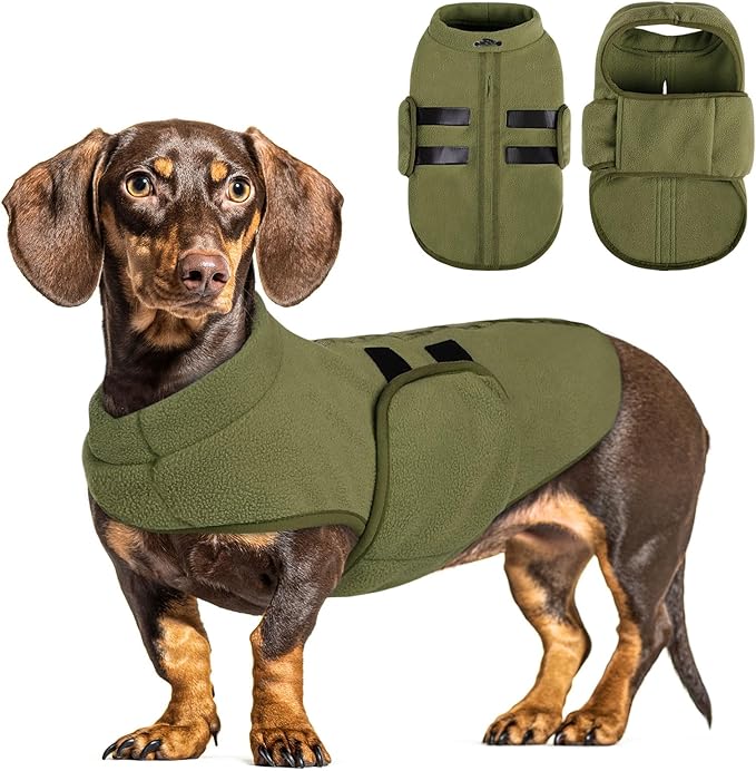 Queenmore XXS Dog Sweaters, Soft Fleece Vest Pullover Dog Jacket with Leash Hole, Warm Winter Dogs Clothes Cold Weather Doggy Dachshund Sweater for Small Dogs Cats Boy or Girl (Army Green, XXS)