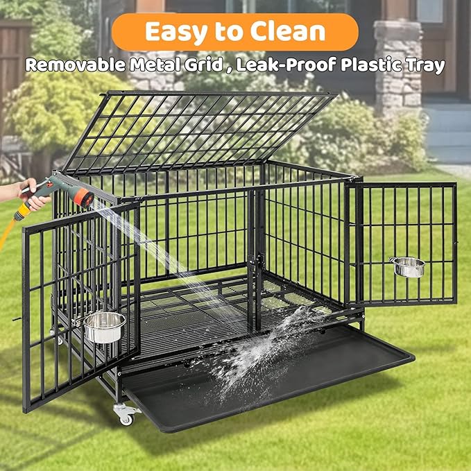 Homey Pet 43 inch Dog Crate Stackable Heavy Duty Dog Kennel Indoor Dog Grooming Cage with Detachable Divider, Removable Tray, Wheels, Feeding Bowls (2 Tiers)
