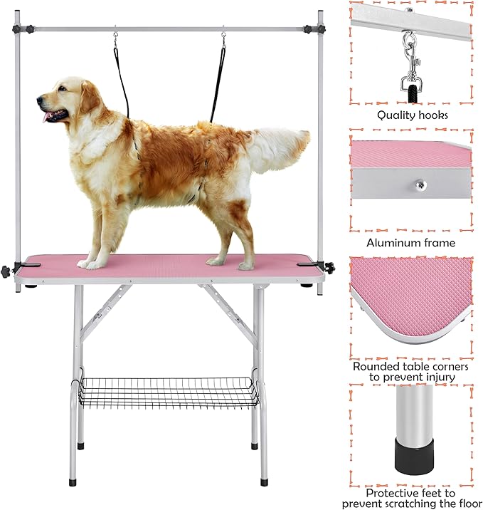 Yaheetech 46'' Pet Grooming Table for Large Dogs Adjustable Height - Portable Trimming Table Drying Table w/Arm/Noose/Mesh Tray Maximum Capacity Up to 265Lb -Pink
