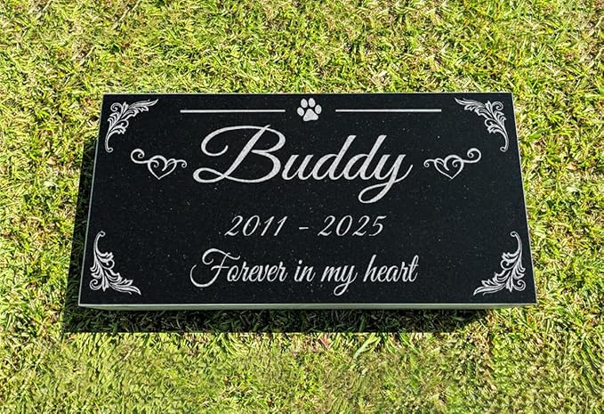 A Personalized Memorial Stone Made of Black Granite That Will Remind You of Your Beloved Pets. Paw and Stars
