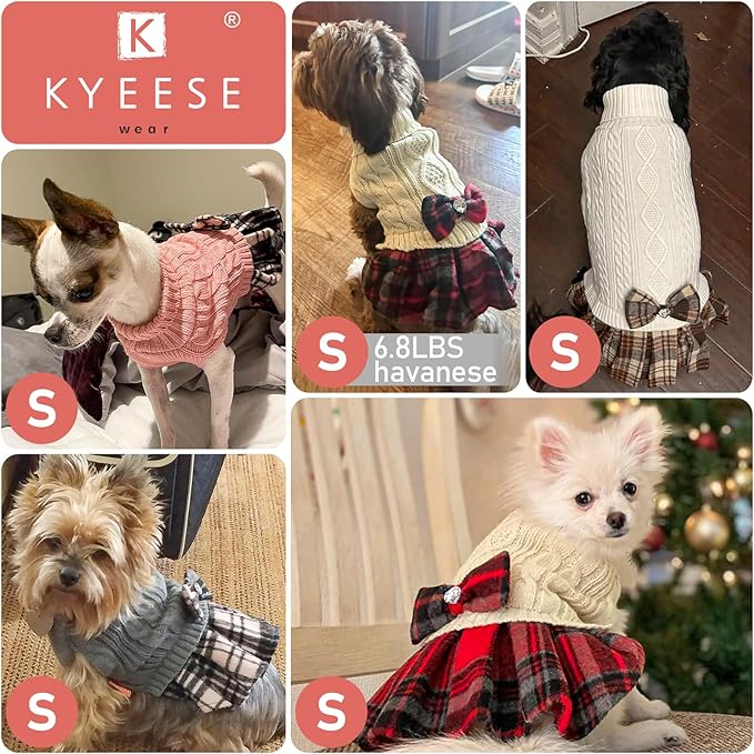 KYEESE Dog Sweater Knitwear Dog Sweaters for Small Dogs Girl Thick Dogs Clothes with Bowtie Stretchy Cat Sweaters Warm Pullover Pet Coats Soft Turtleneck Pet Sweater Dress for Cold Weather Winter