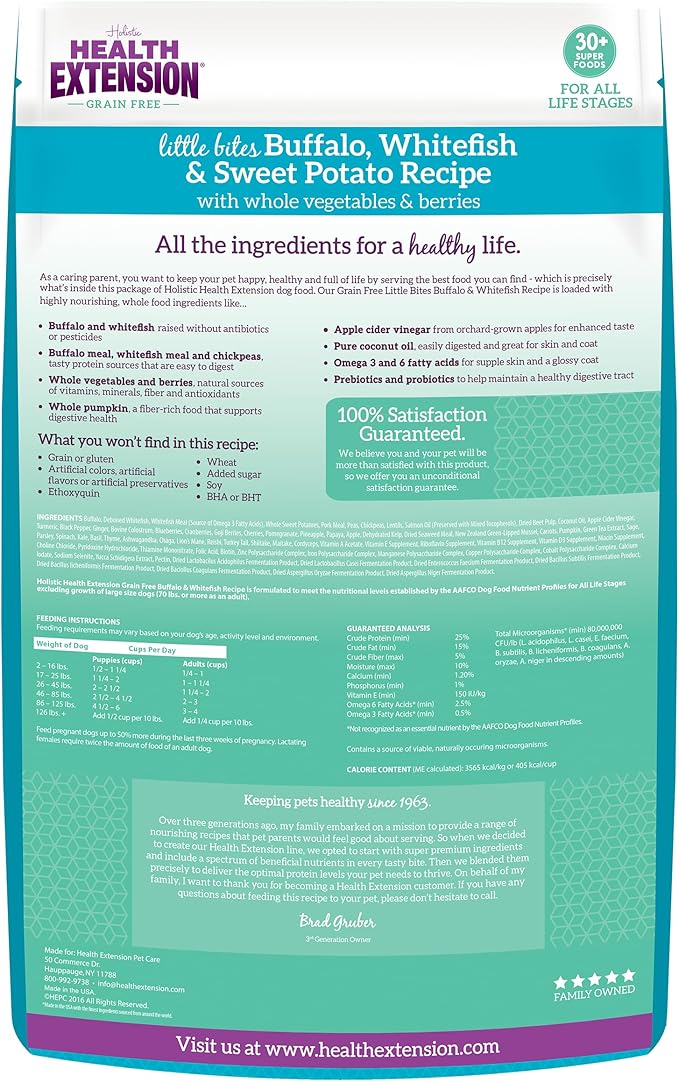 Health Extension Grain Free Buffalo & Whitefish Little Bites Small Kibble Formula with 30+ Superfoods and Probiotics for Teacups, Toys & Miniature Dogs (10lb)