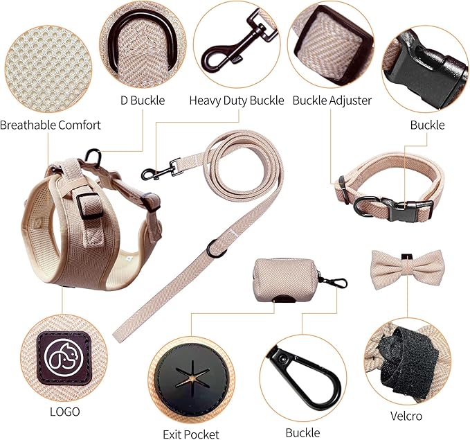 EVERKING 5-Piece Dog Travel Set, Adjustable Harness, Leash, Collar, Poop Bags, Bowtie for Small Medium Dogs, Beige, Breathable No-Pull Design (Beige, XXS)