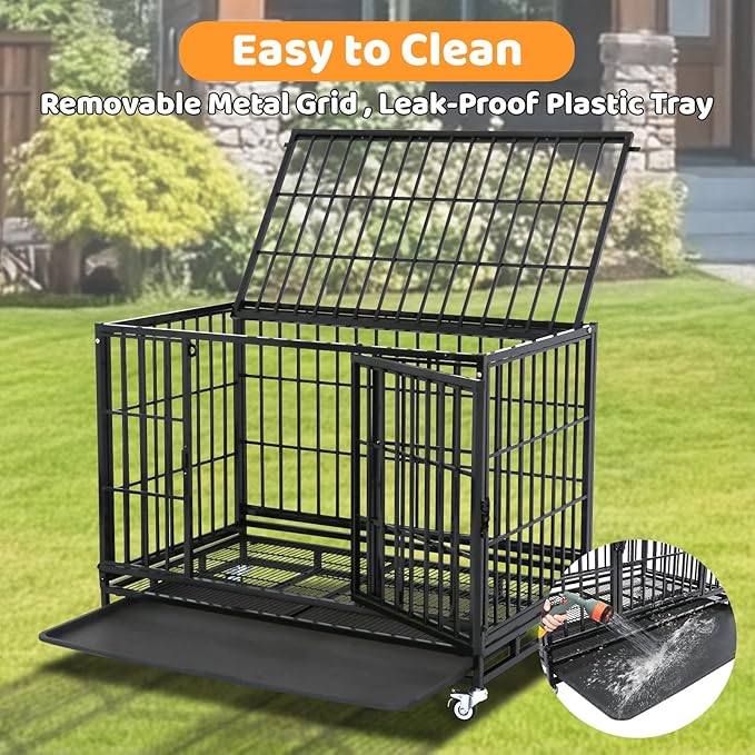 Homey Pet 37 Inch Heavy Duty Dog Crate Indestructible, Collapsible Dog Cage with Lockable Wheels, Removable Tray, High Anxiety Dog Kennel Indoor, Three Tiers Stackable Dog Crates for Medium Dogs