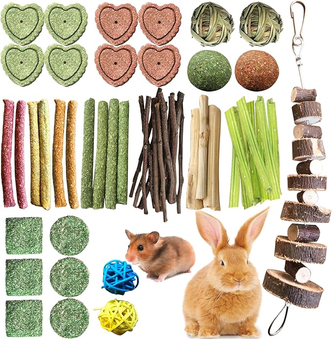 72Pcs Bunny Chew Toys with Applewood Hanging Strings, BunnyTreats for Rabbits Bunny Toys for Teeth, Papaya Stem, Timothy Stick, Apple Sticks, Sweet Bamboo, for Guinea Pig, Hamster, Chinchilla, Rat
