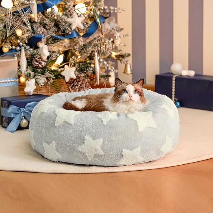 LE SURE Donut Small Dog Bed - Round Cat Sofa for Indoor Cats Anti-Anxiety Bed Gift for Pets, Washable Cute Modern Beds with Jacquard Shaggy Plush & Anti Slip Bottom, 20 Inch, Christmas Grey