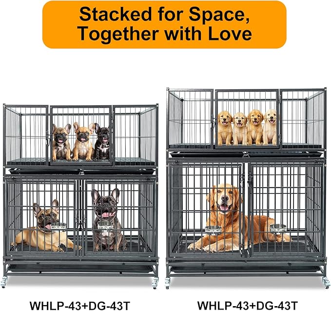 Homey Pet 43 Inch Metal Wire Dog Whelping Box for Puppies + Stackable Heavy Duty Dog Crate Cage Kennel with Wheels, Divider, Plastic Floor Grid and Tray for Medium/Small Sized Dogs