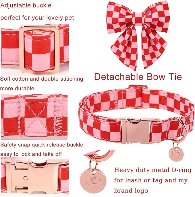 Red and Pink Plaid Dog Collarwith Bow Tie– Adjustable Red & Pink Checkered Dog Collar for Small Medium Large Dogs, Soft Xmas Plaid Puppy Collars with Quick Release Buckle M