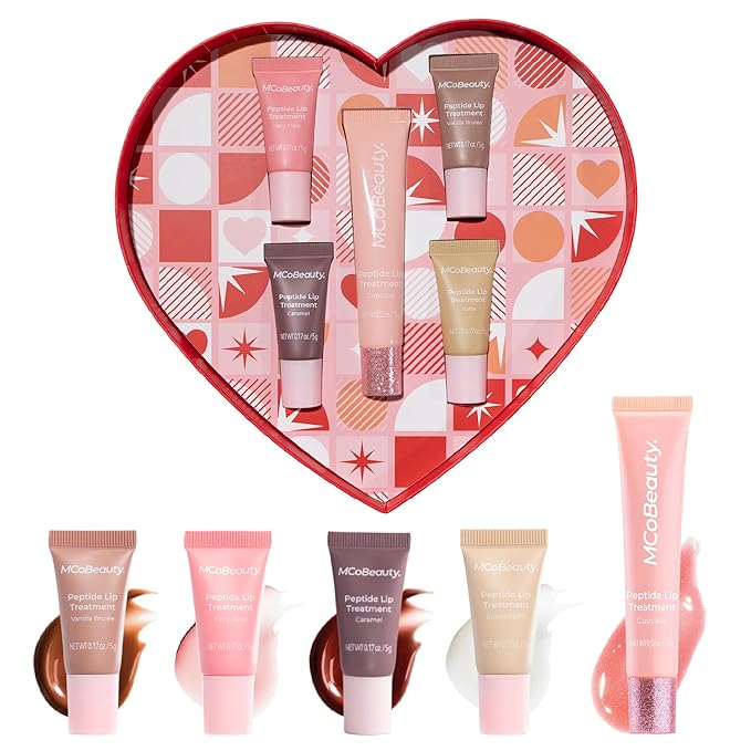 MCoBeauty Sweetheart Peptide Lip Treatment Set - Peptide Lip Gloss Balm & Tint Kit - Juicy Lip Glaze Gift Set with Peptides & Shea Butter for Dry Lips, Sugary-Sweet Scents, Cruelty Free Lip Care